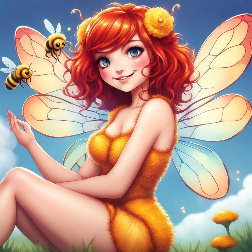 Honey Bee Fairy Cuddling a Bee in the Sky