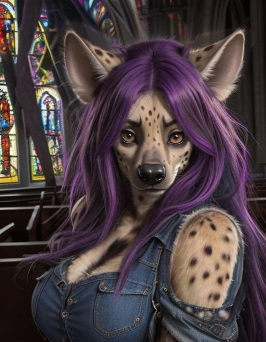 Playful Furry Hyena in Profaned Church, Cartoon Style
