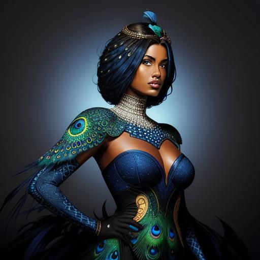 Woman with Peacock Feathers in Comic Book Style