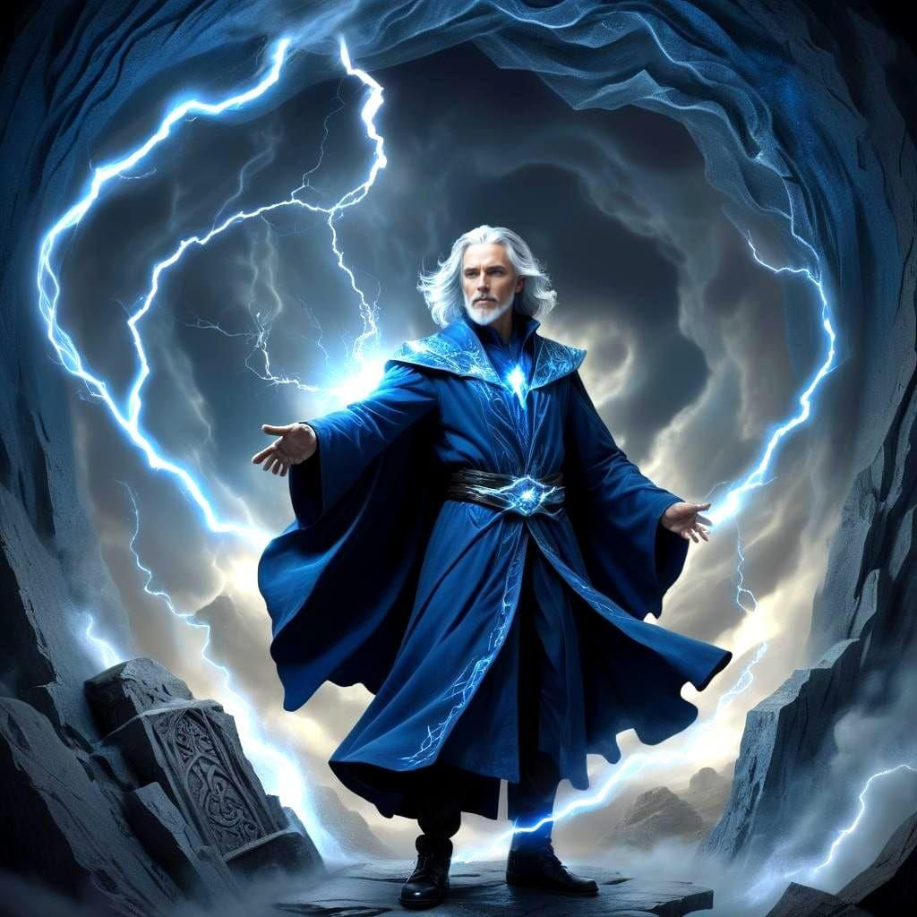 Handsome Wizard Casting Lightning Spell in Tomb