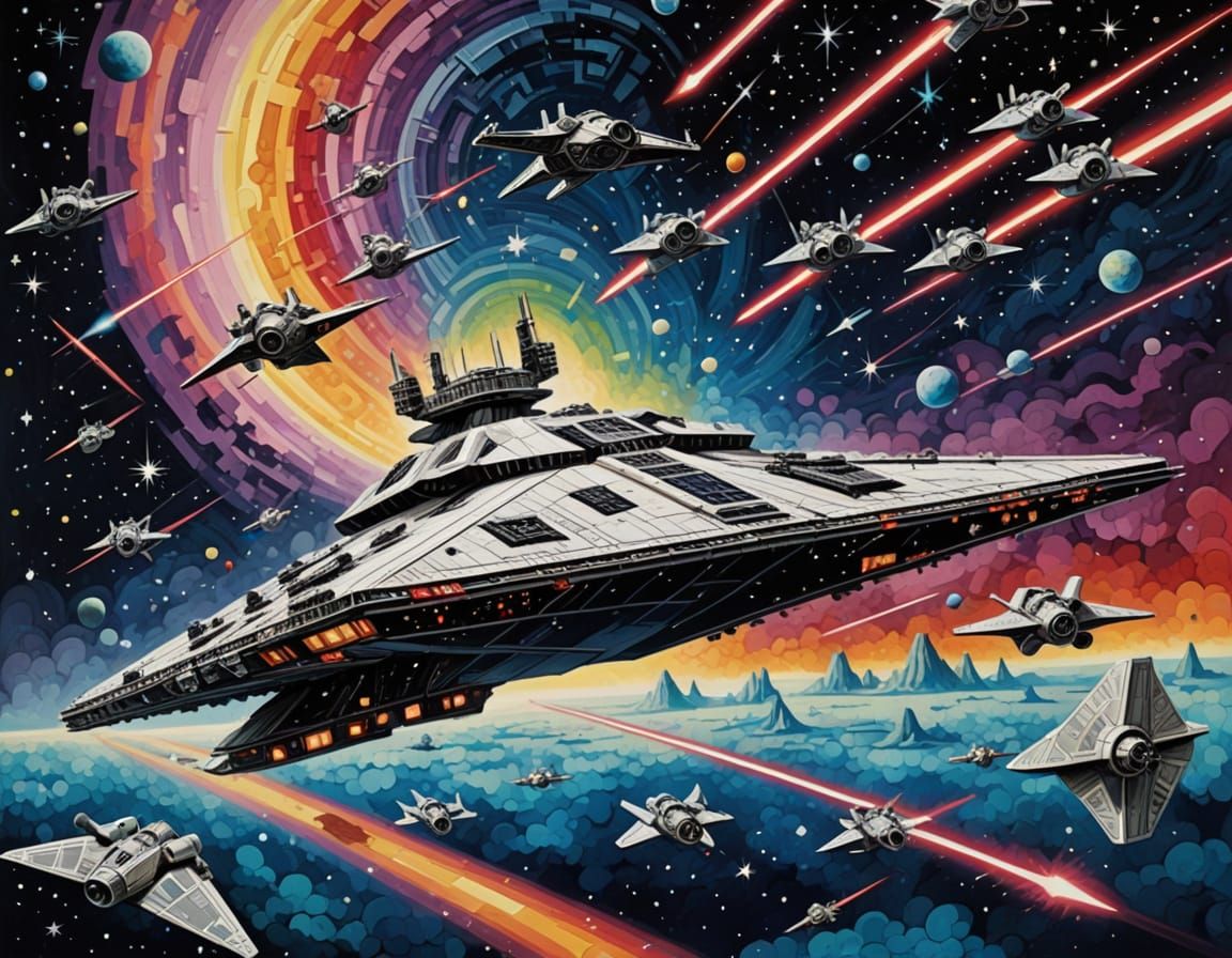 Star Destroyer Surrounded by Whimsical TIE Fighters in a Bri...