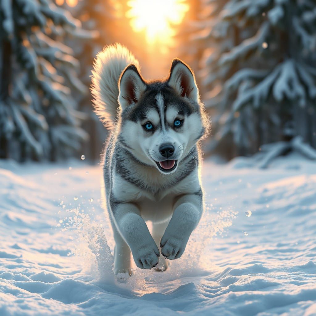 Fluffy Siberian Husky Plays in Winter Wonderland