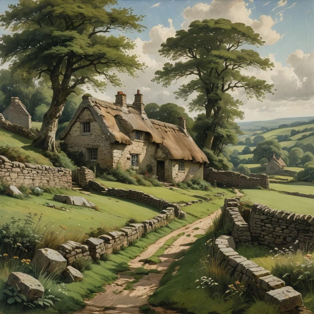 Idyllic Irish Landscape Painting with Celtic Ruins