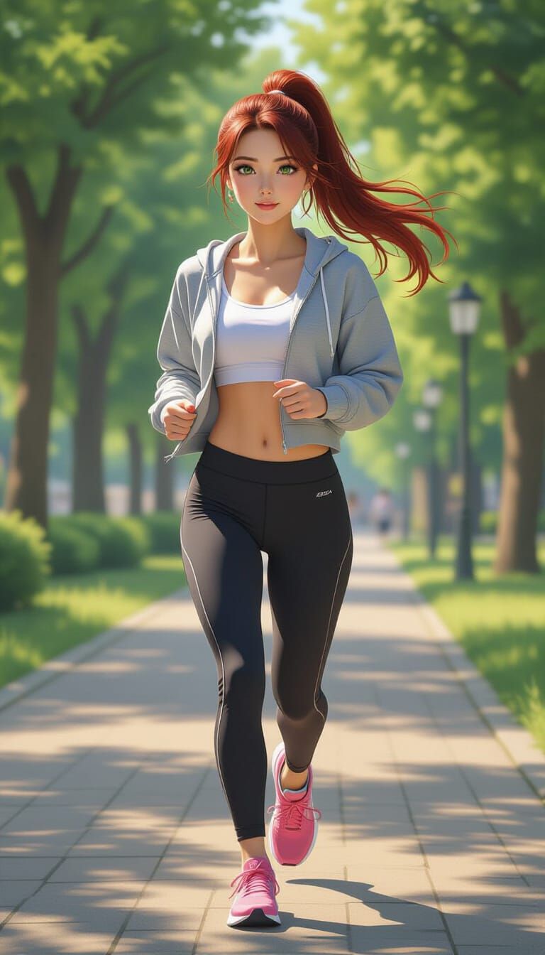 Japanese Woman Jogging in Tokyo Park, Hyperrealistic Style
