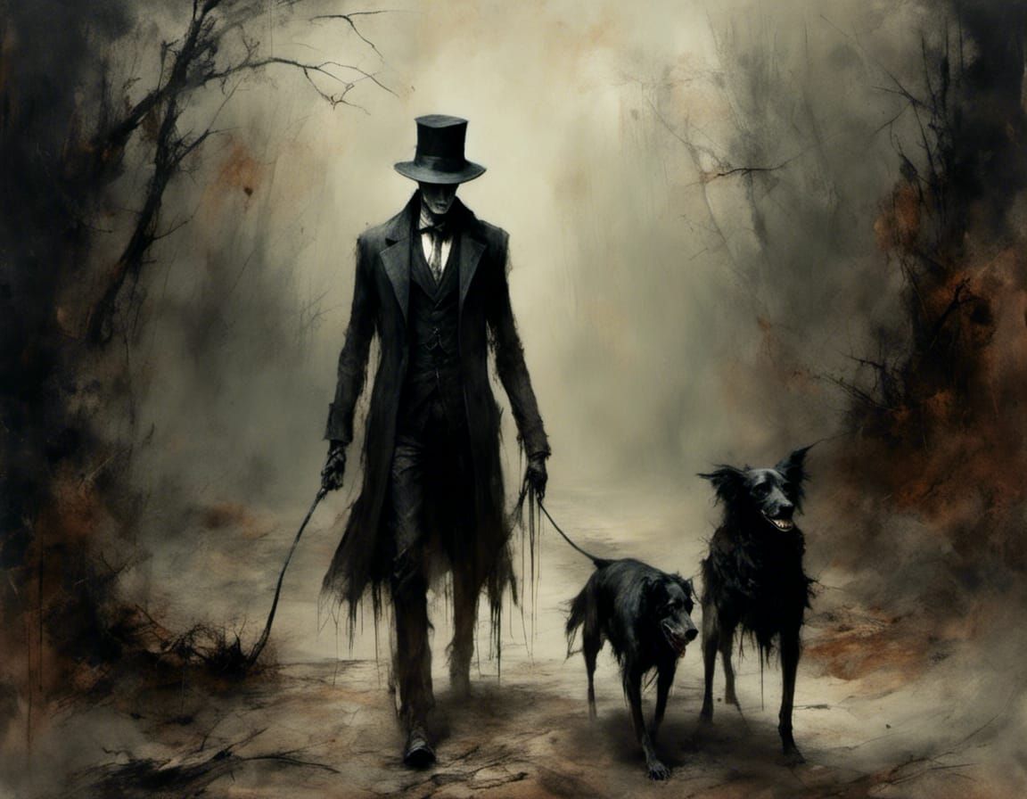 Sinister Gothic Man Walking Dog in Macabre Style