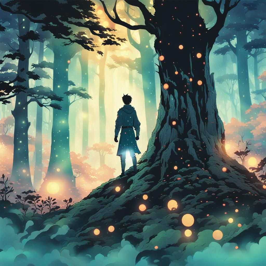 Glowing Figure in Misty Forest: Manga-Inspired Art