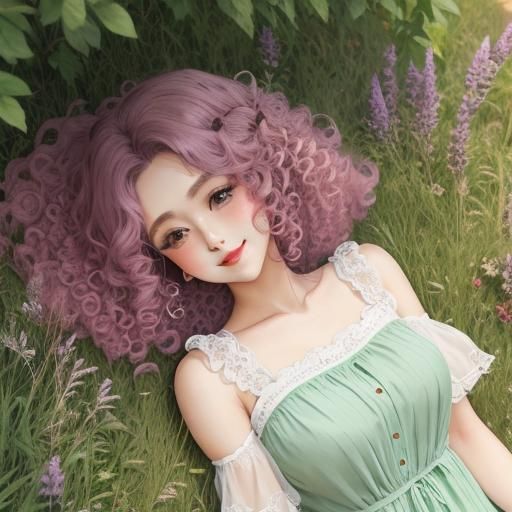 Pastel Portrait of a Smiling Lady on Floral Grass