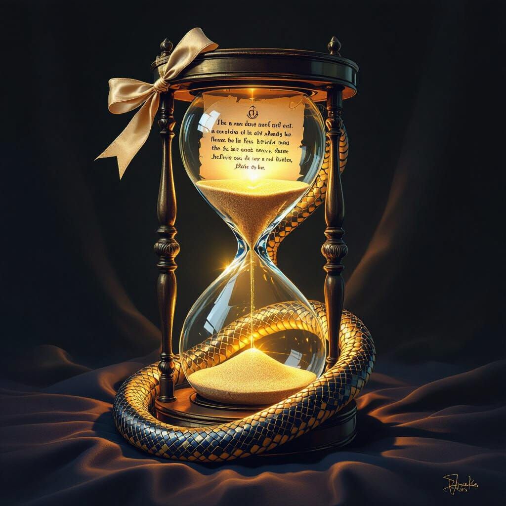 Antique Hourglass With Serpent and Quote, Golden Light