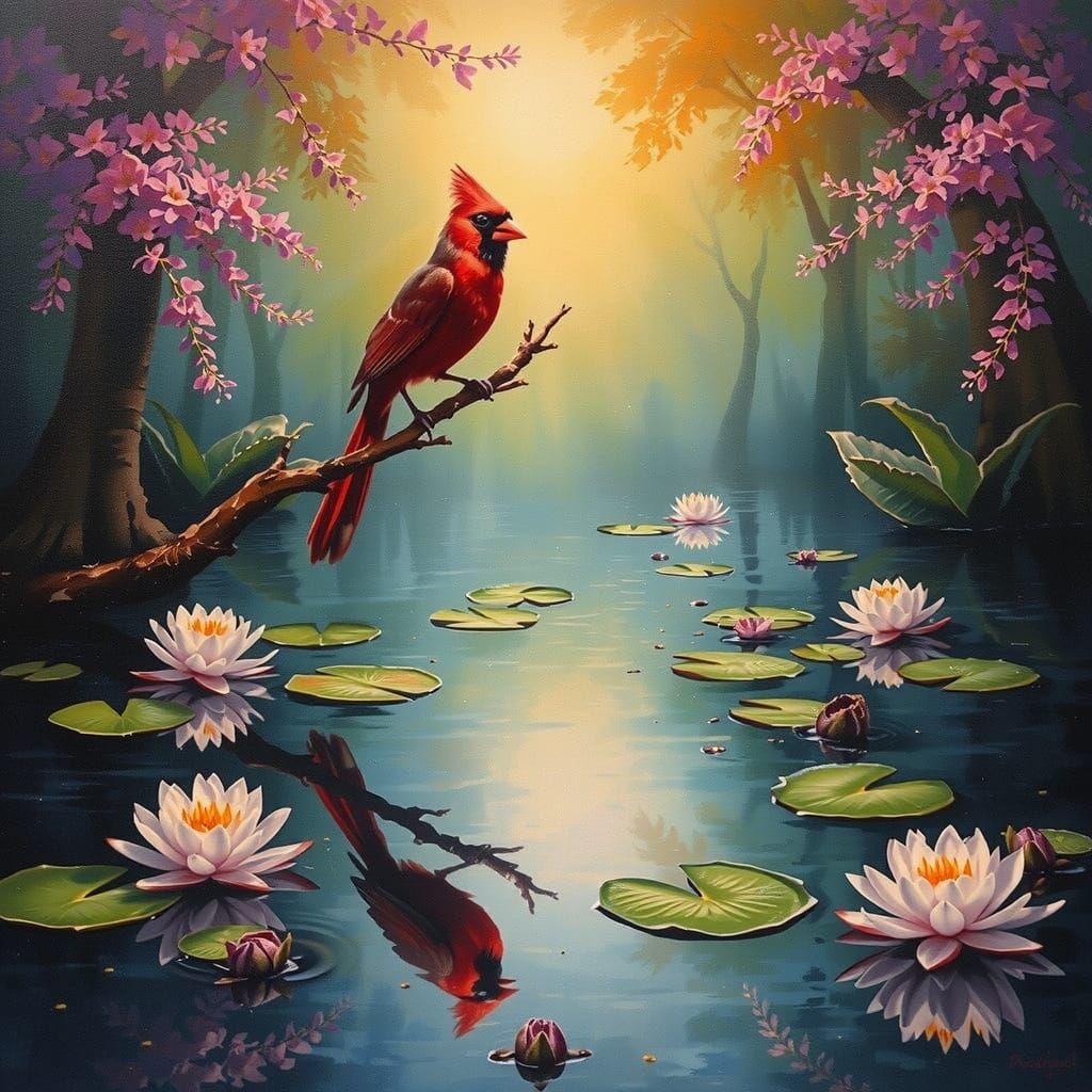 Serene Cardinal Perched on Slender Branch Over Lily Pond