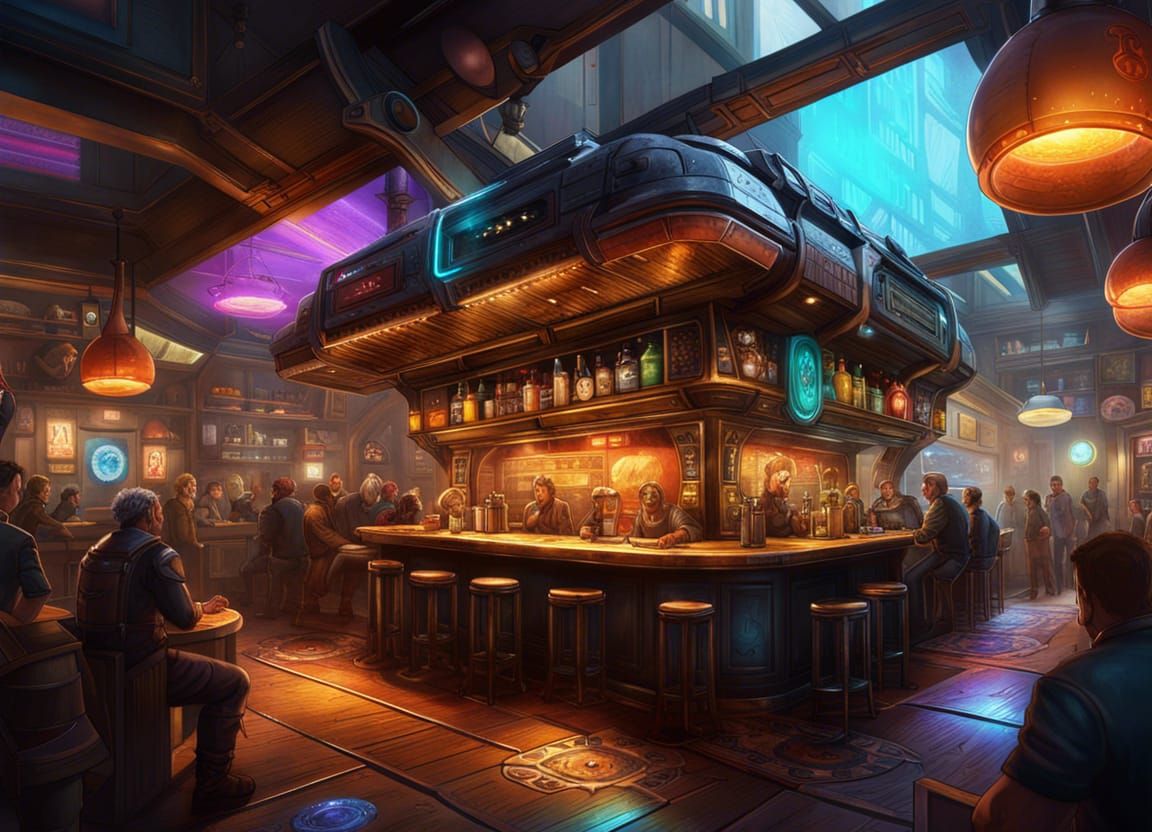 Sci-Fi Tavern in Hyperrealistic Splash Art Style