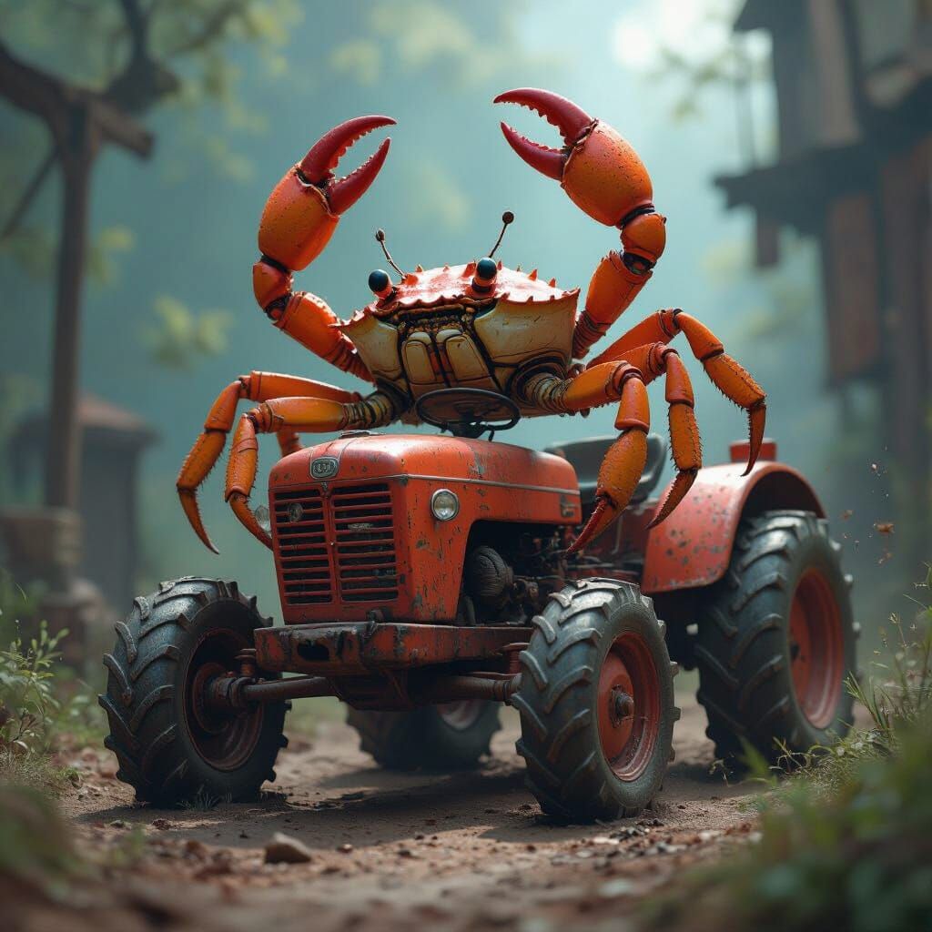 Fantastical Crab Backflips on Rusty Tractor in Matte Paintin...