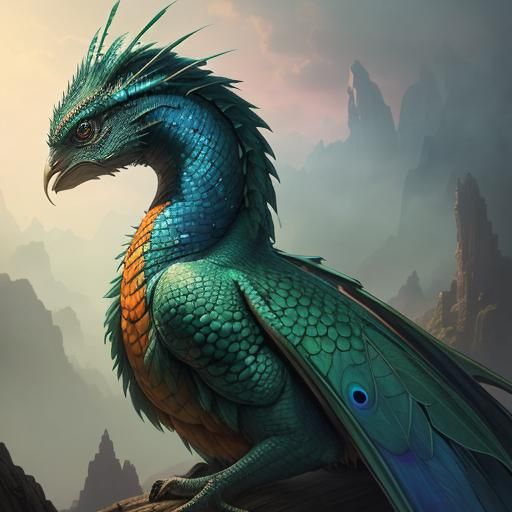 Dragon Woman Portrait with Peacock Feathers, Digital Art