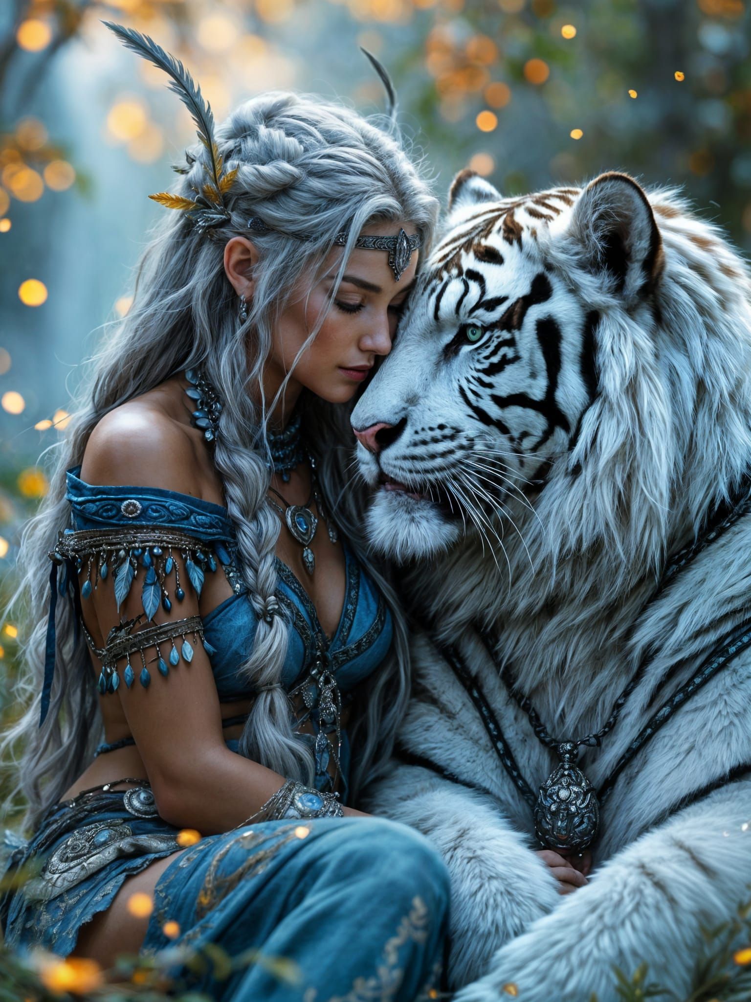 Elven Woman and White Tiger in Fantasy Meadow