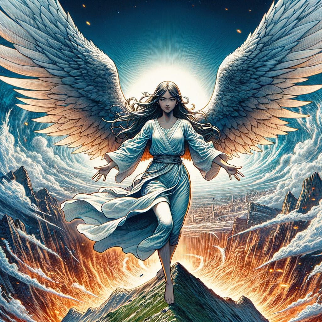 Asian Angel Overlooks Cataclysm in Manga Style