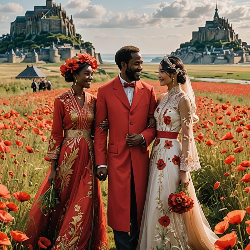 Lesbian Wedding in Poppy Field, Art Nouveau Style