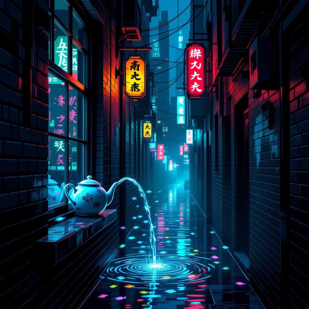 Surreal Neon Alleyway with Glowing Fish Teapot