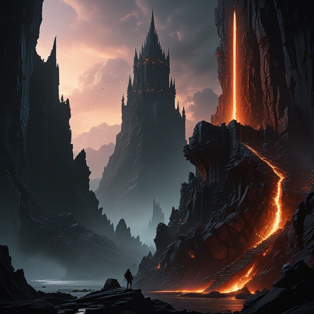 Elven Warrior on Obsidian Tower in Dark Fantasy Style