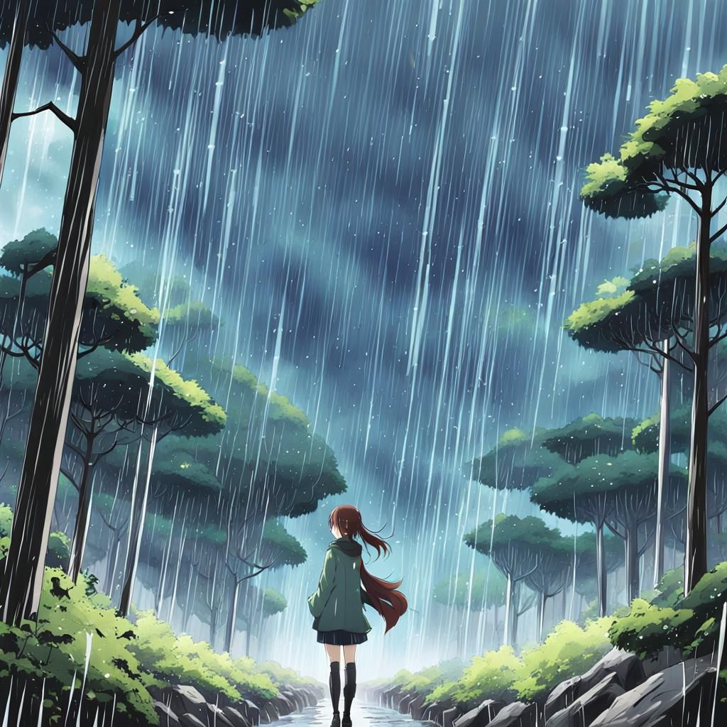 Rainy Forest Scene in Anime Style