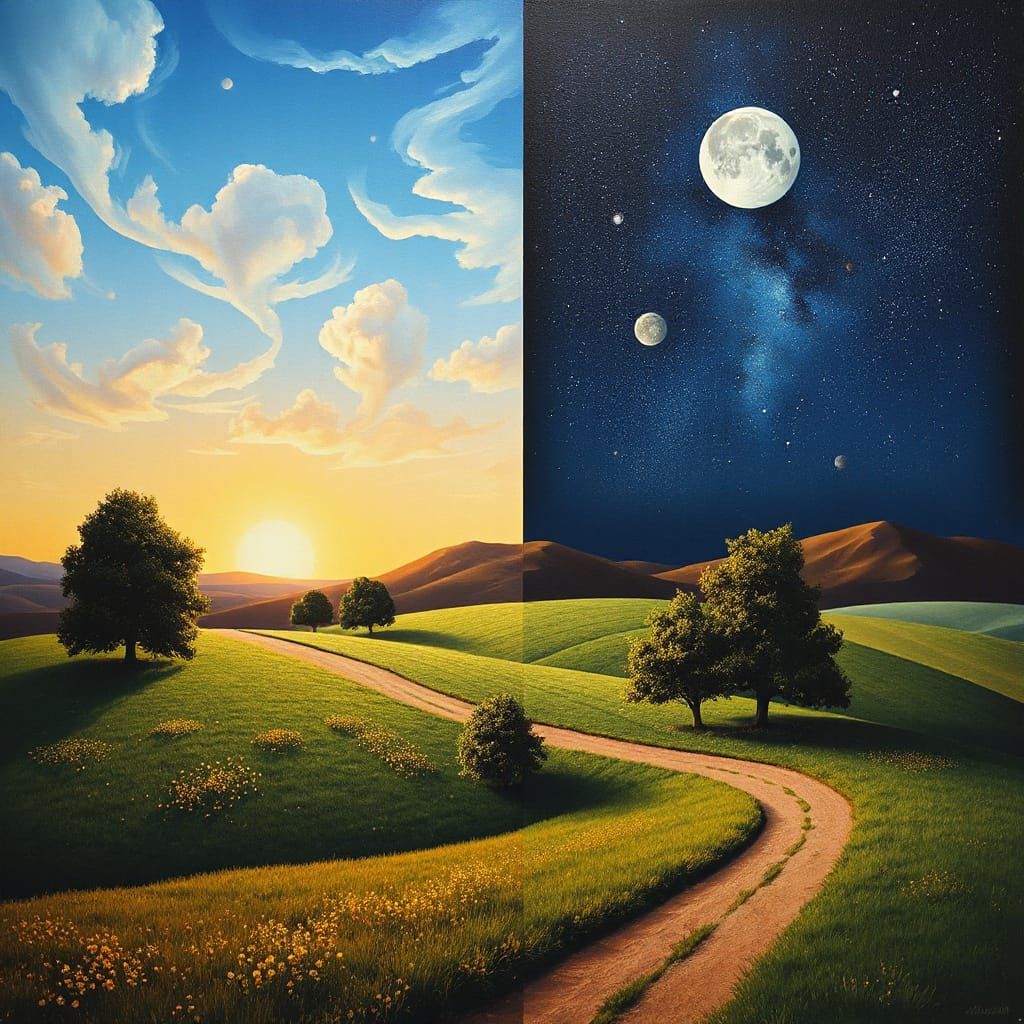 Surreal Day Meets Night Landscape in Magritte Style