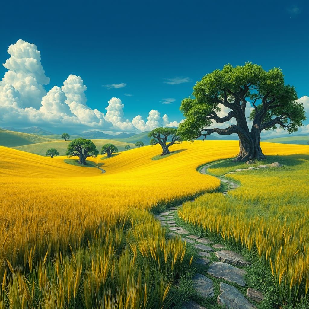 Surreal Fantasy Landscape with Golden Wheat and Ancient Tree...