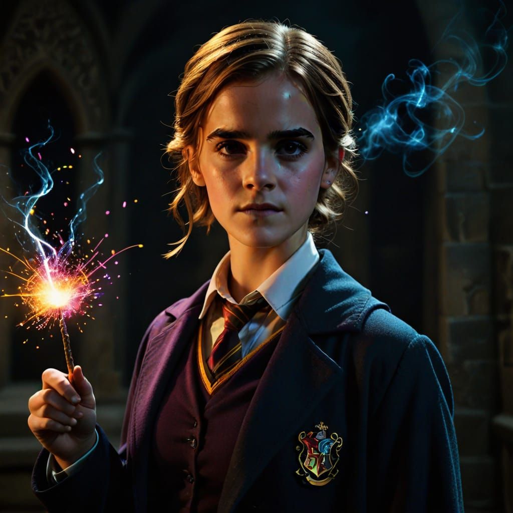 Hermione Granger Casting Lumos Charm in Dark Room