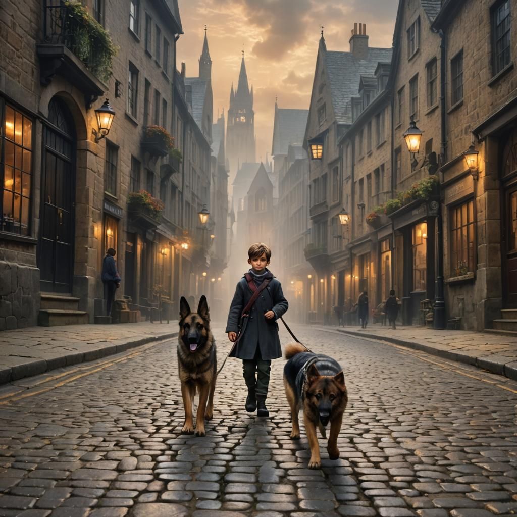 Child and Dog in Misty London Street