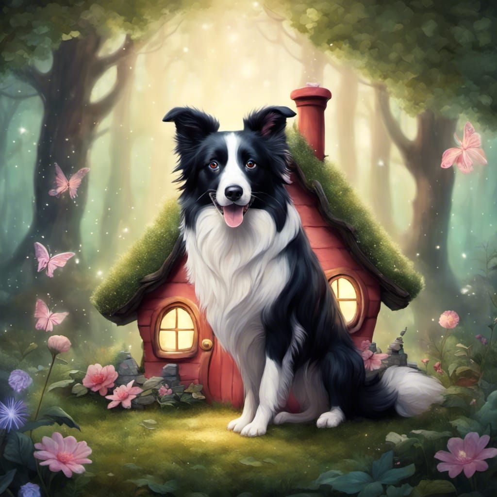 Border Collie and Fairy House in Enchanted Forest