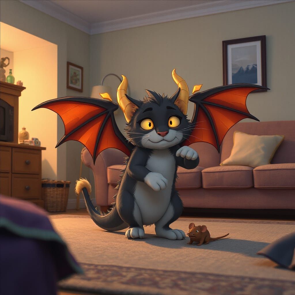 Fantasy Cat with Dragon Wings Bats at Toy Mouse