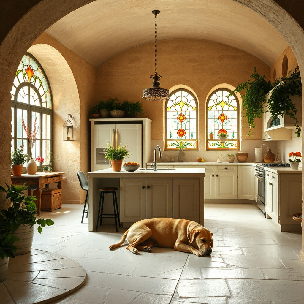Inviting Italian Fantasy Kitchen with Stone Arches