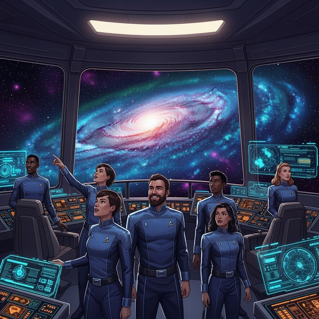 Starship Crew Gaze at Galaxy in Retro-Futuristic Style