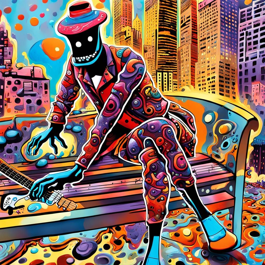 Psychedelic Cartoon Guitarist in Surreal Cityscape