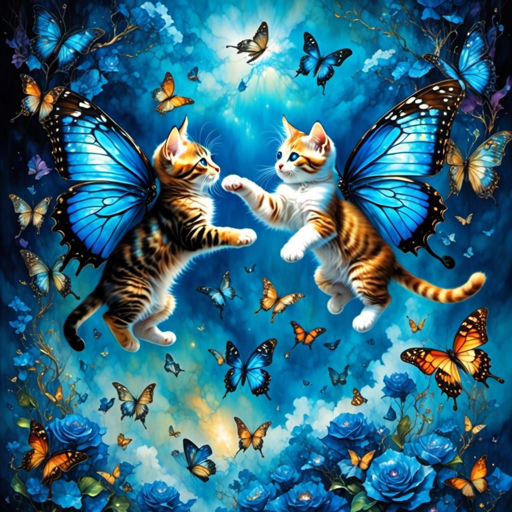 Kittens Lifted by Iridescent Butterflies: Fantasy Photograph