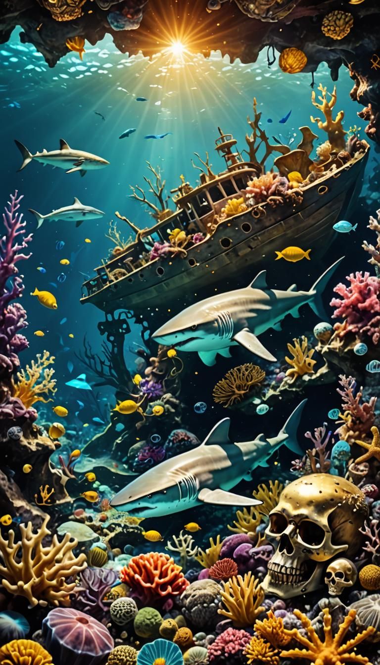 Sunken Shipwreck in Coral Reef with Hammerhead Shark
