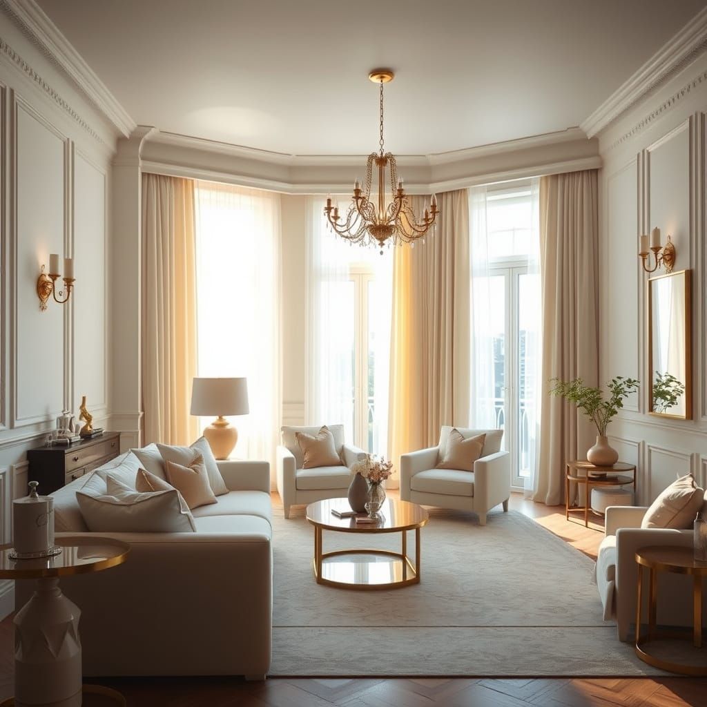 Luxurious Condo Interior in Soft White and Golden Hues
