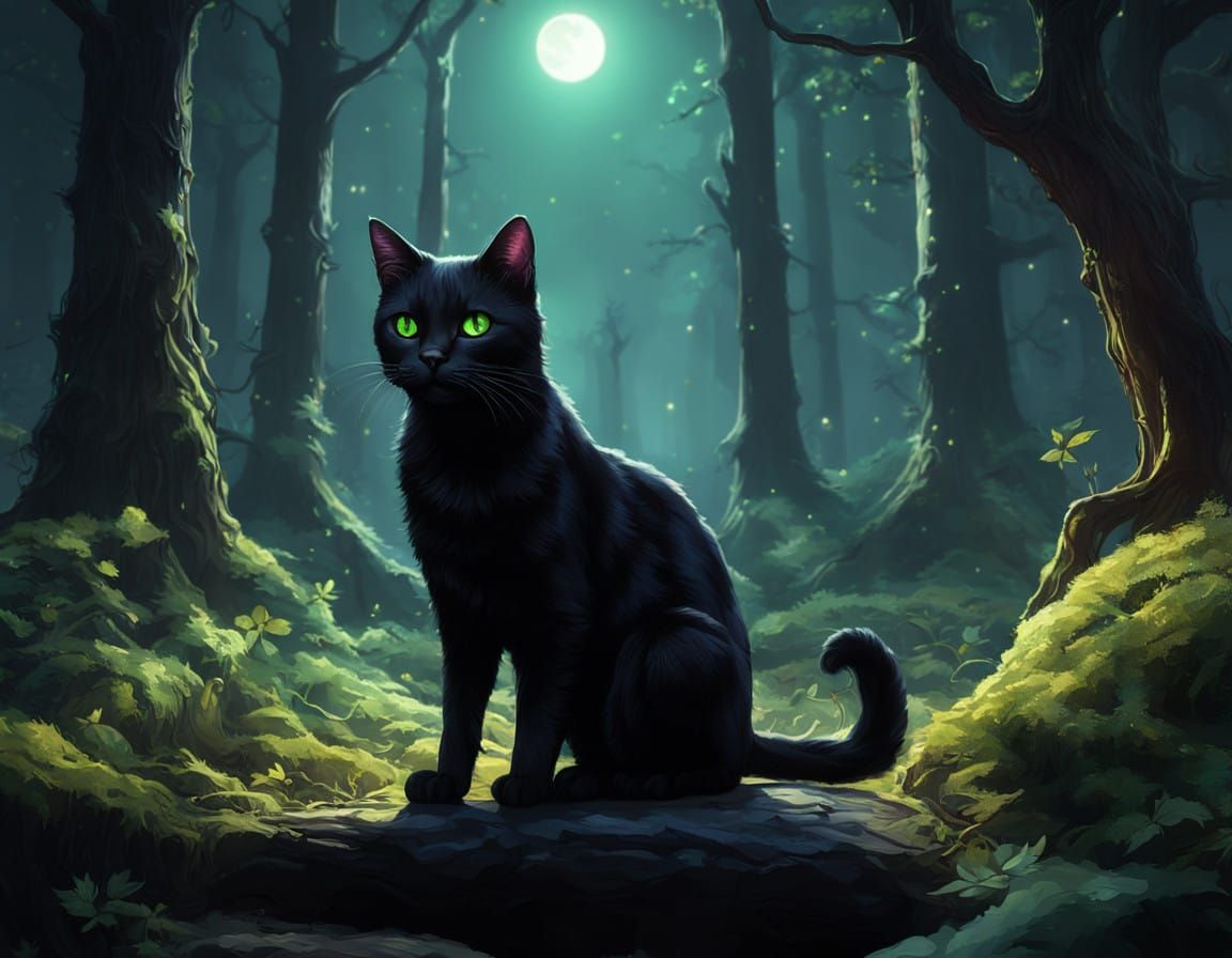 Enchanted Black Cat Emerges from Mystical Forest