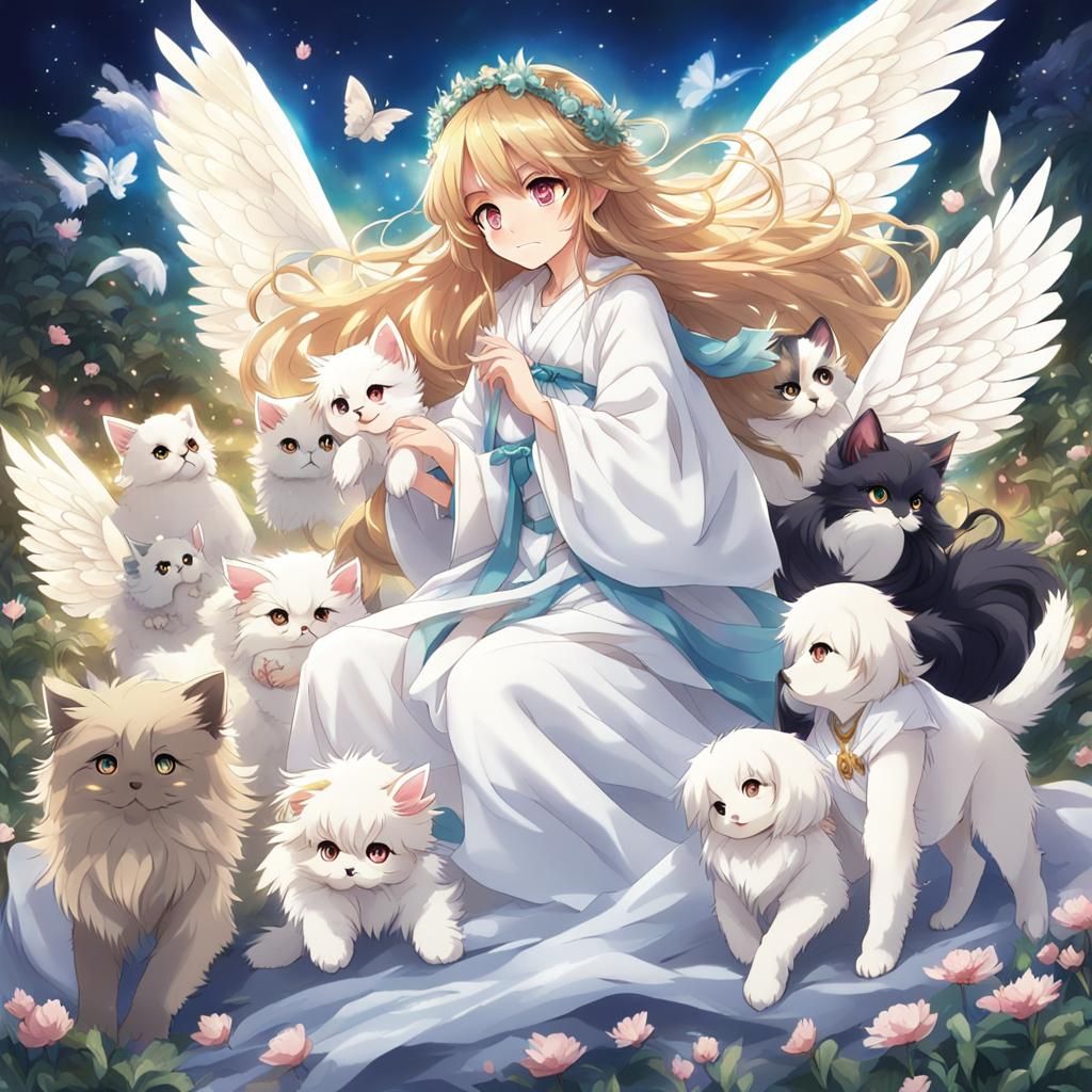 Anime Animal Fairy with Puppies and Kittens