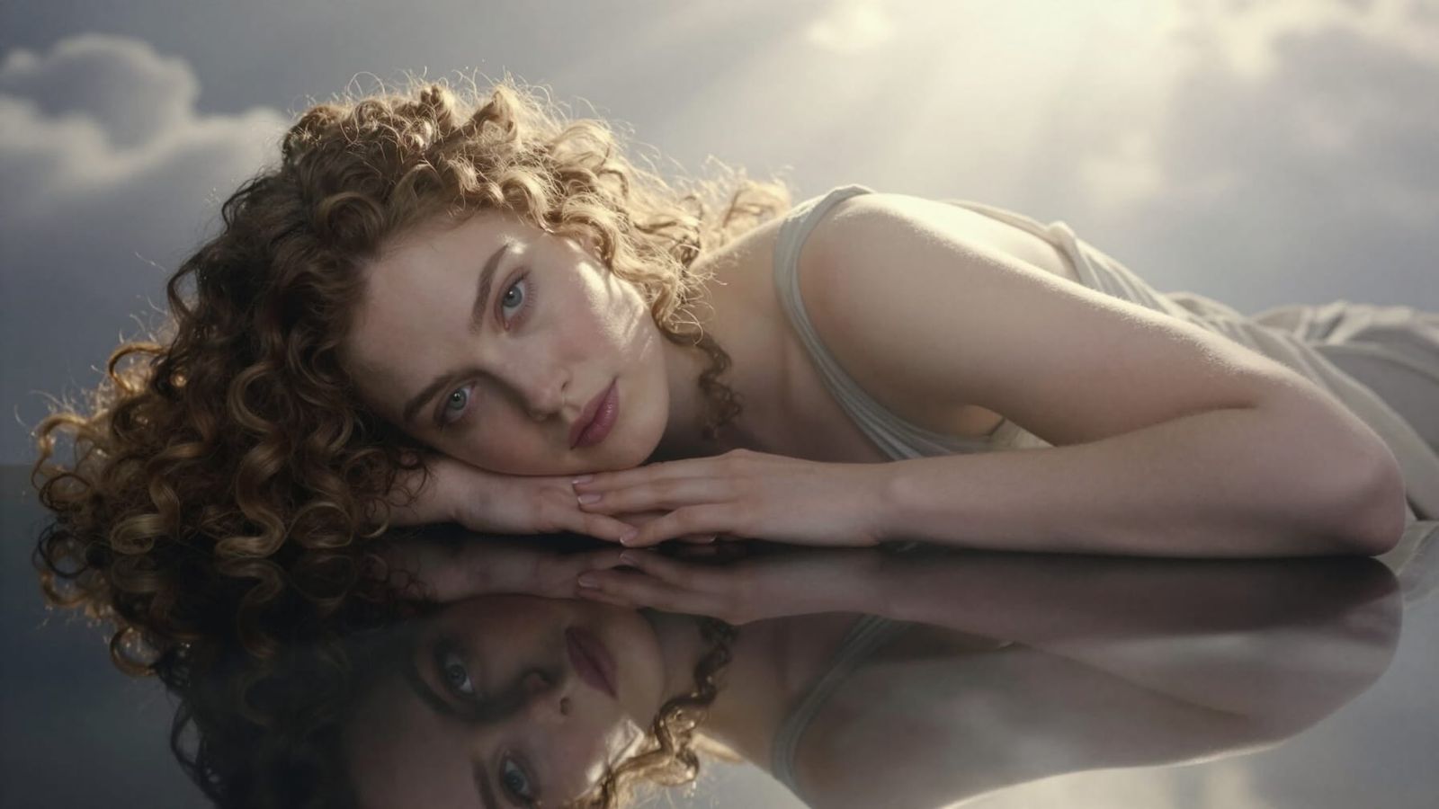 Ethereal Celtic Woman Gazes at Reflection in Divine Light