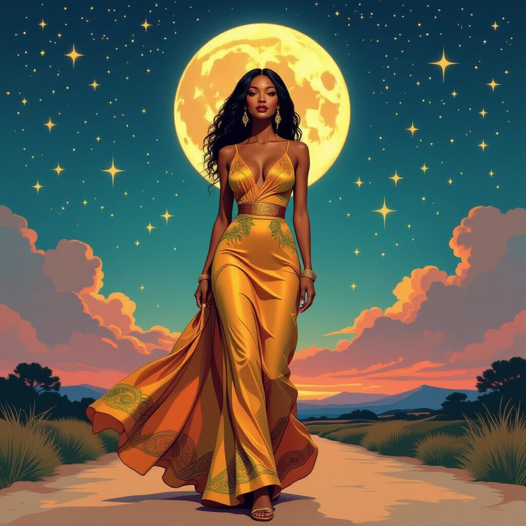 Elegant Art Nouveau Woman Under Starry Sky