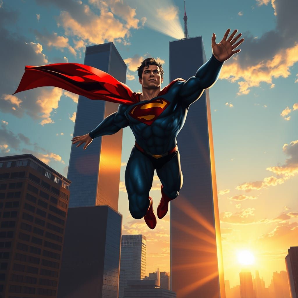 Superman Soars Between Twin Towers at Sunset