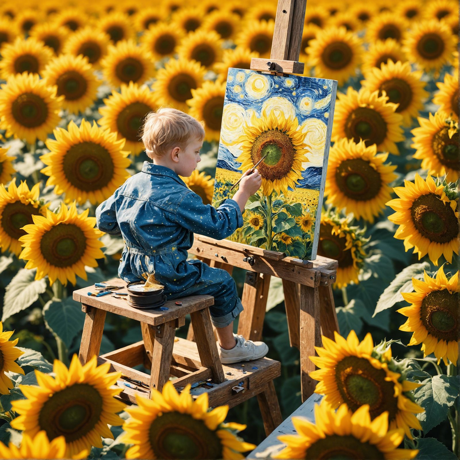 Artist Painting Starry Night in Sunflower Field