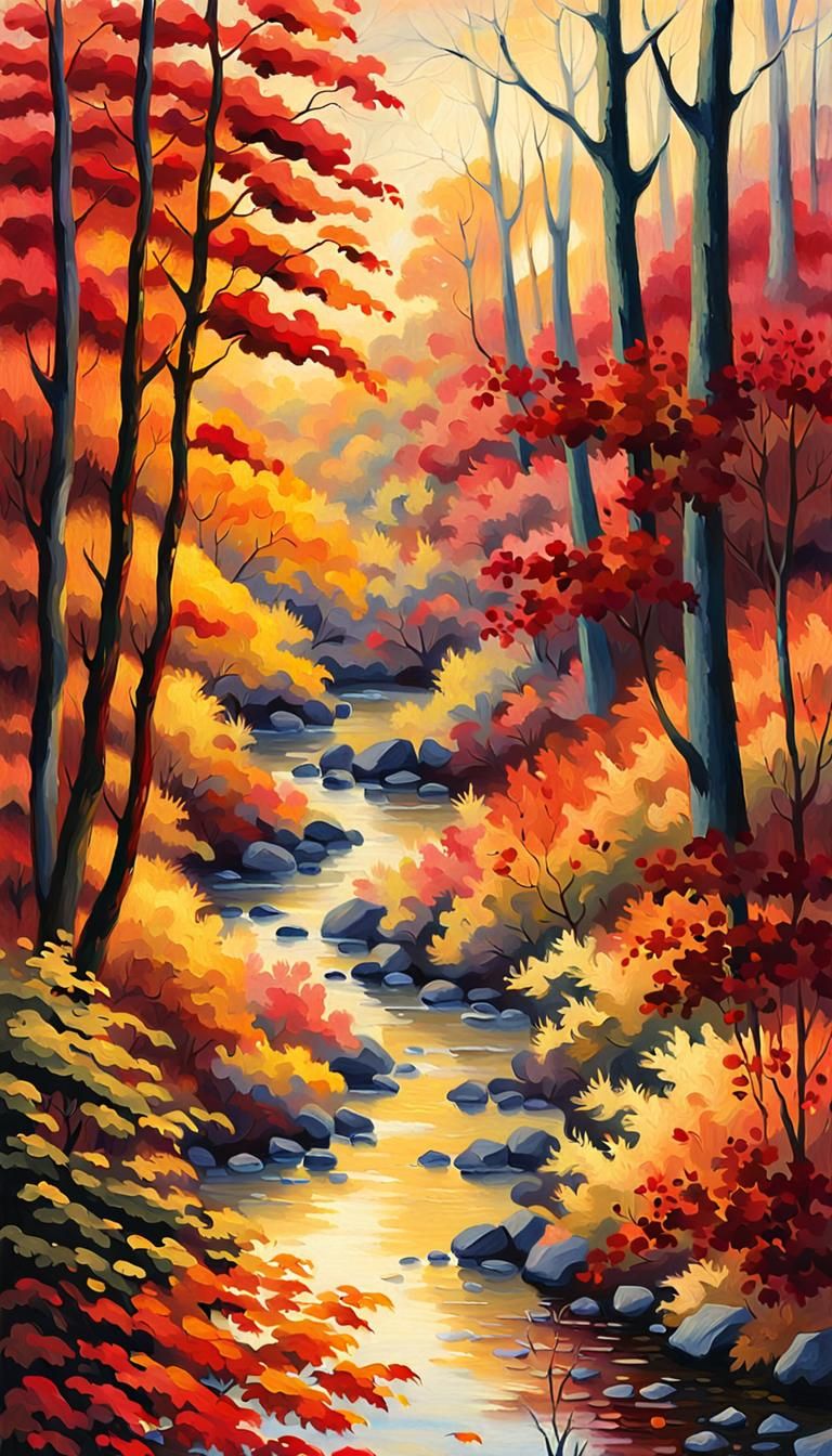 Impressionist Forest Path in Autumnal Colors