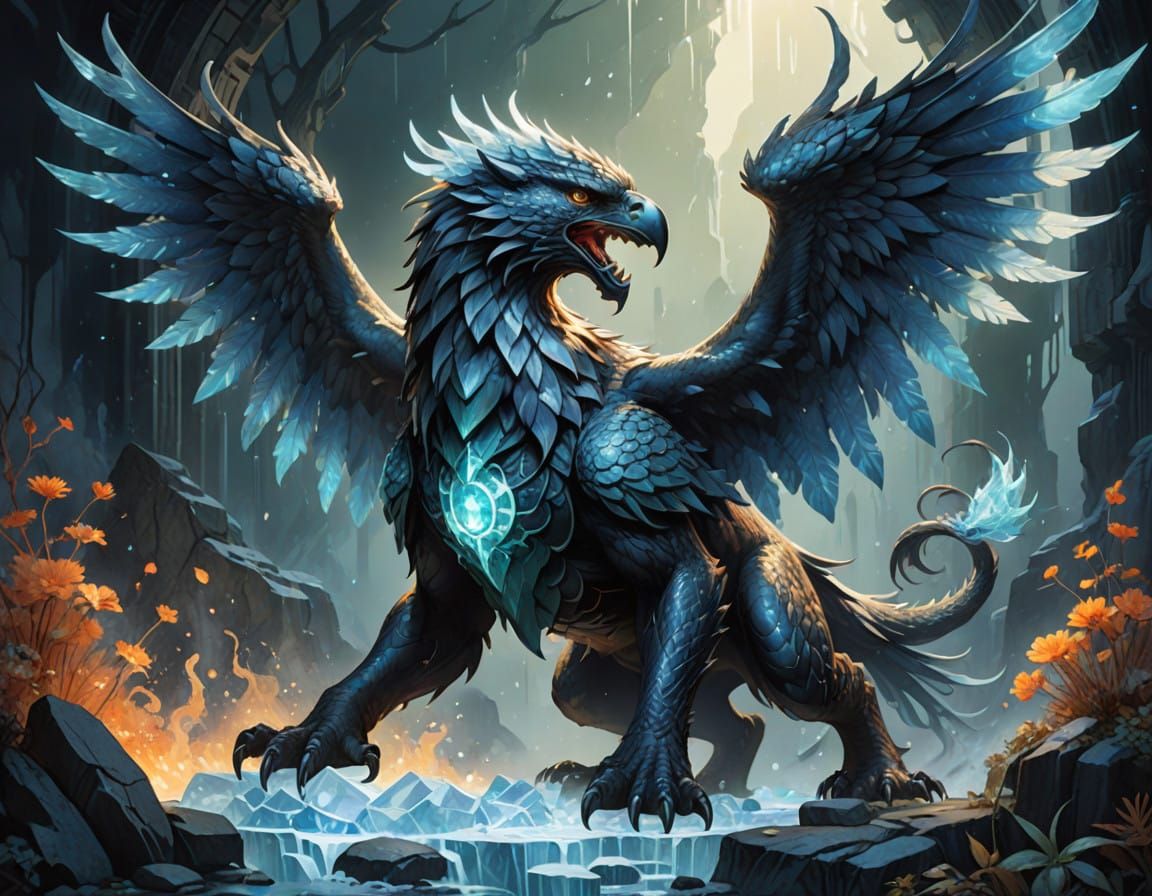 Mythical Eagle-Tiger-Dragon with Glowing Ice Element