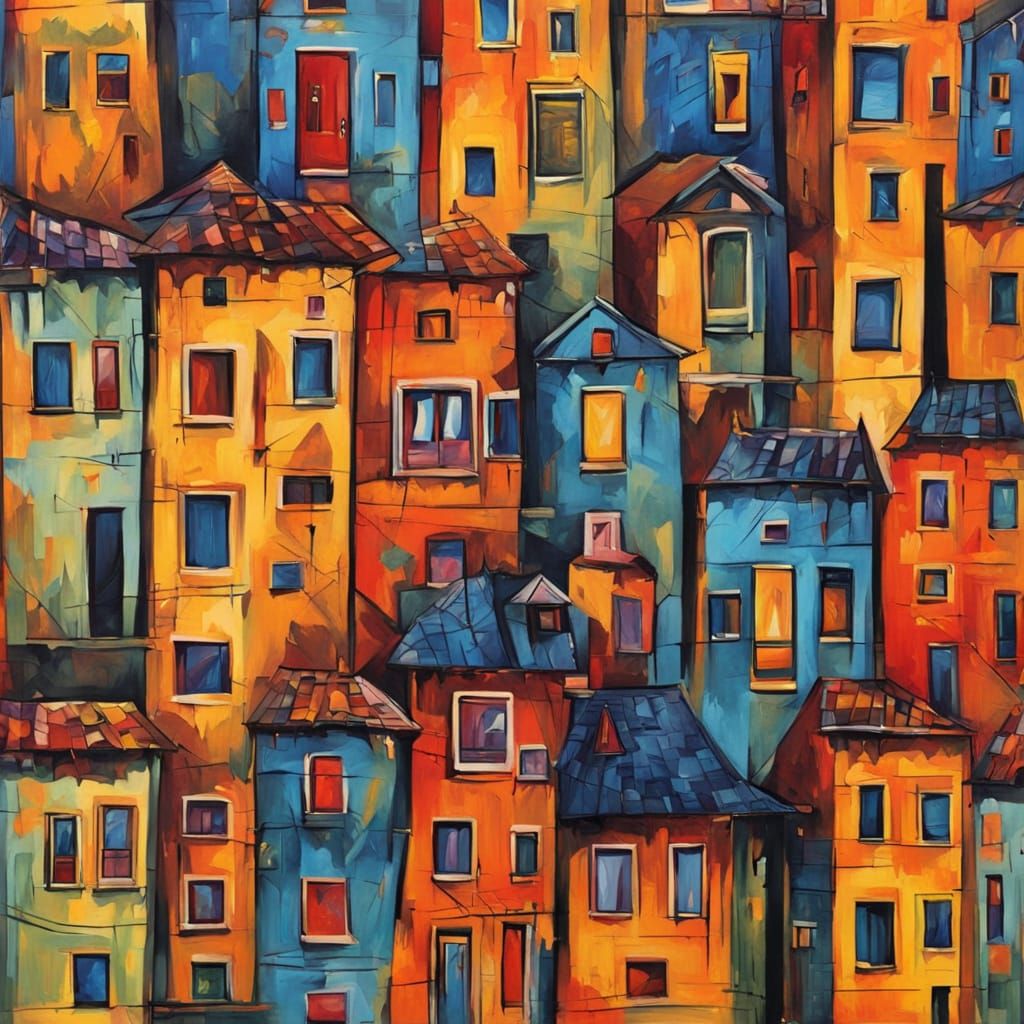 Vibrant Russian Village Scene in Folk Art Style