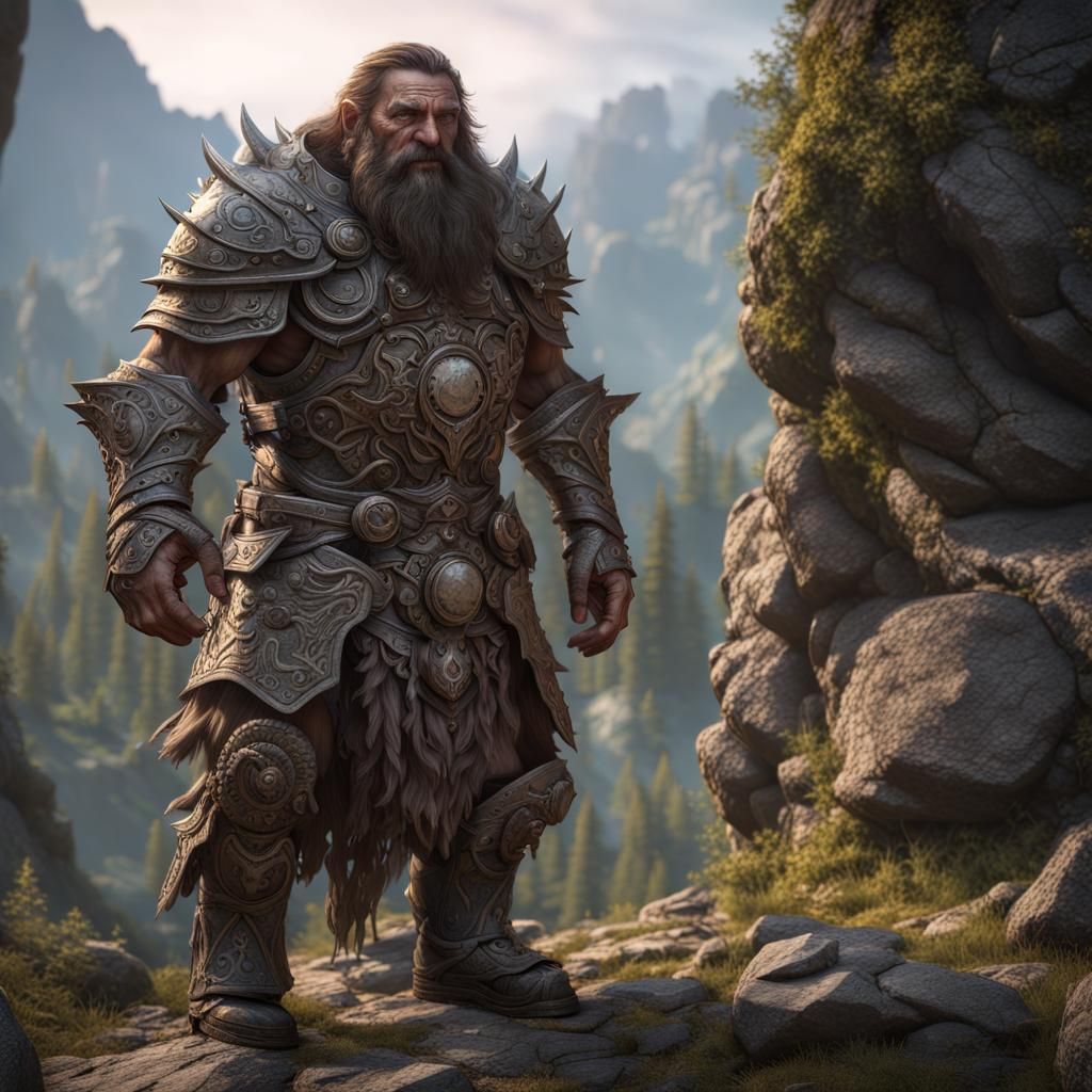 Hill Giant in Ornate Armor Amidst Mountains