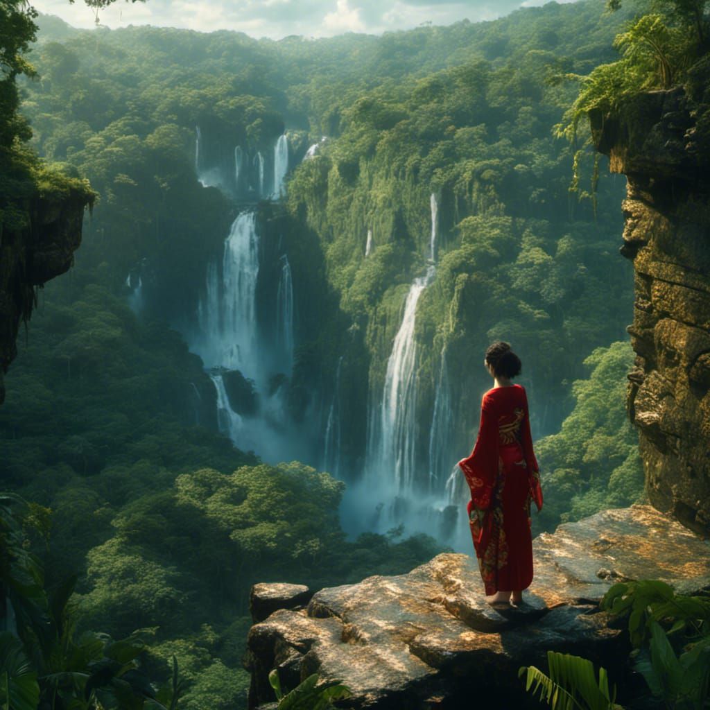 Kimono Woman Overlooking Amazon Waterfall in Surreal Style