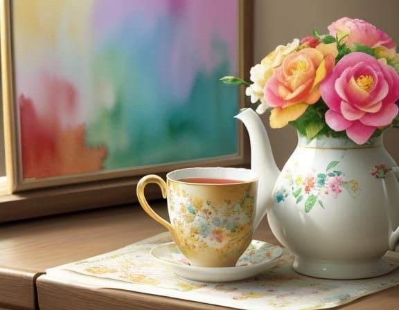 Vibrant Watercolor Tea Cup Macro Shot