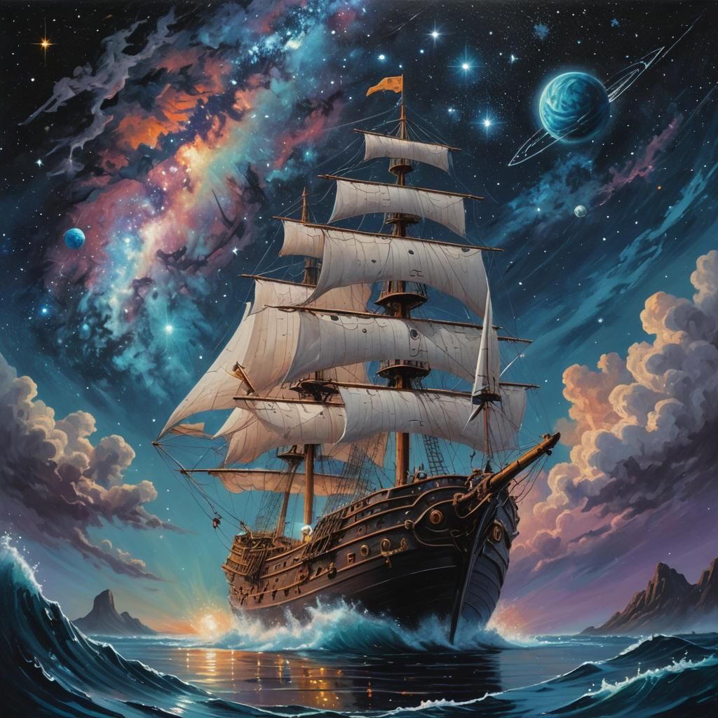 Cosmic Caravel Sailing Through Galaxy, Acrylic Painting