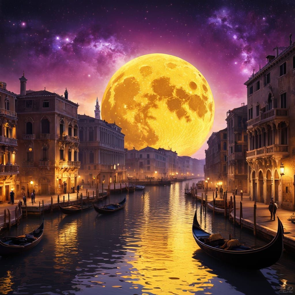 Golden Moon Over Venice in Cyberpunk Style