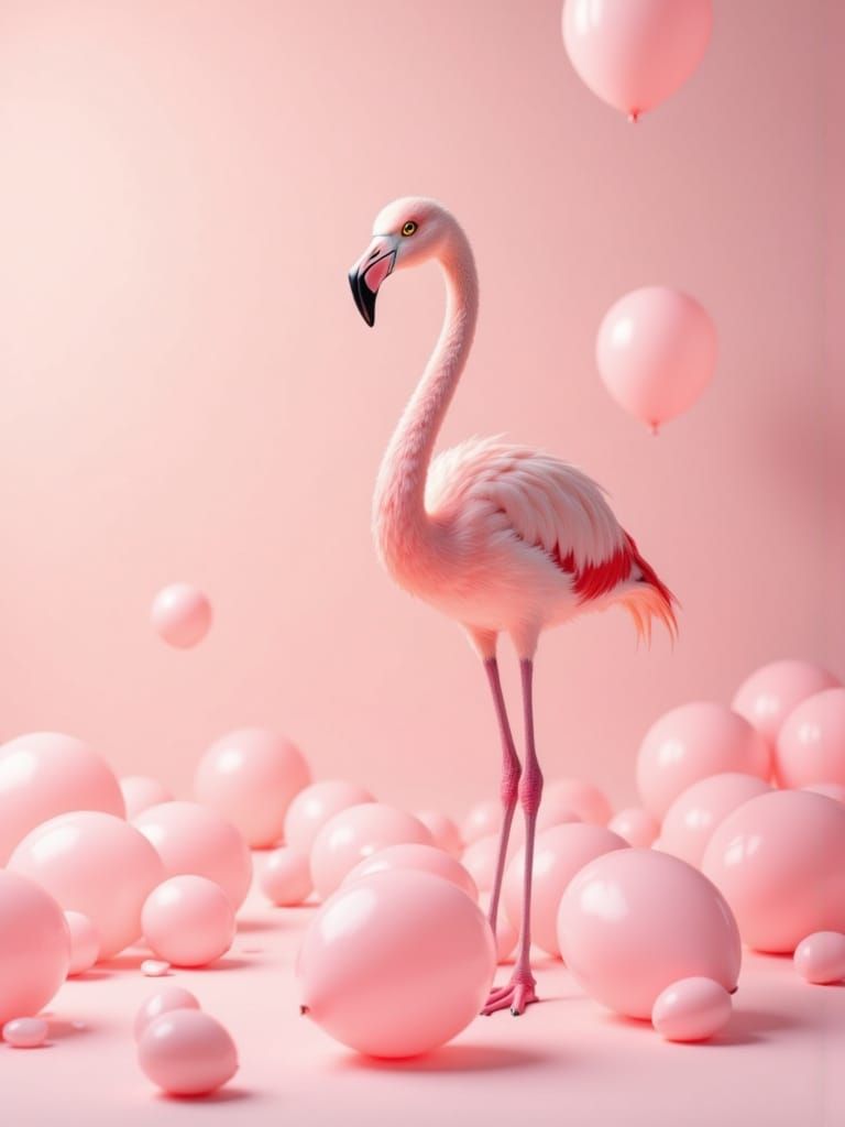Pink Flamingo in Pastel Studio with Balloons