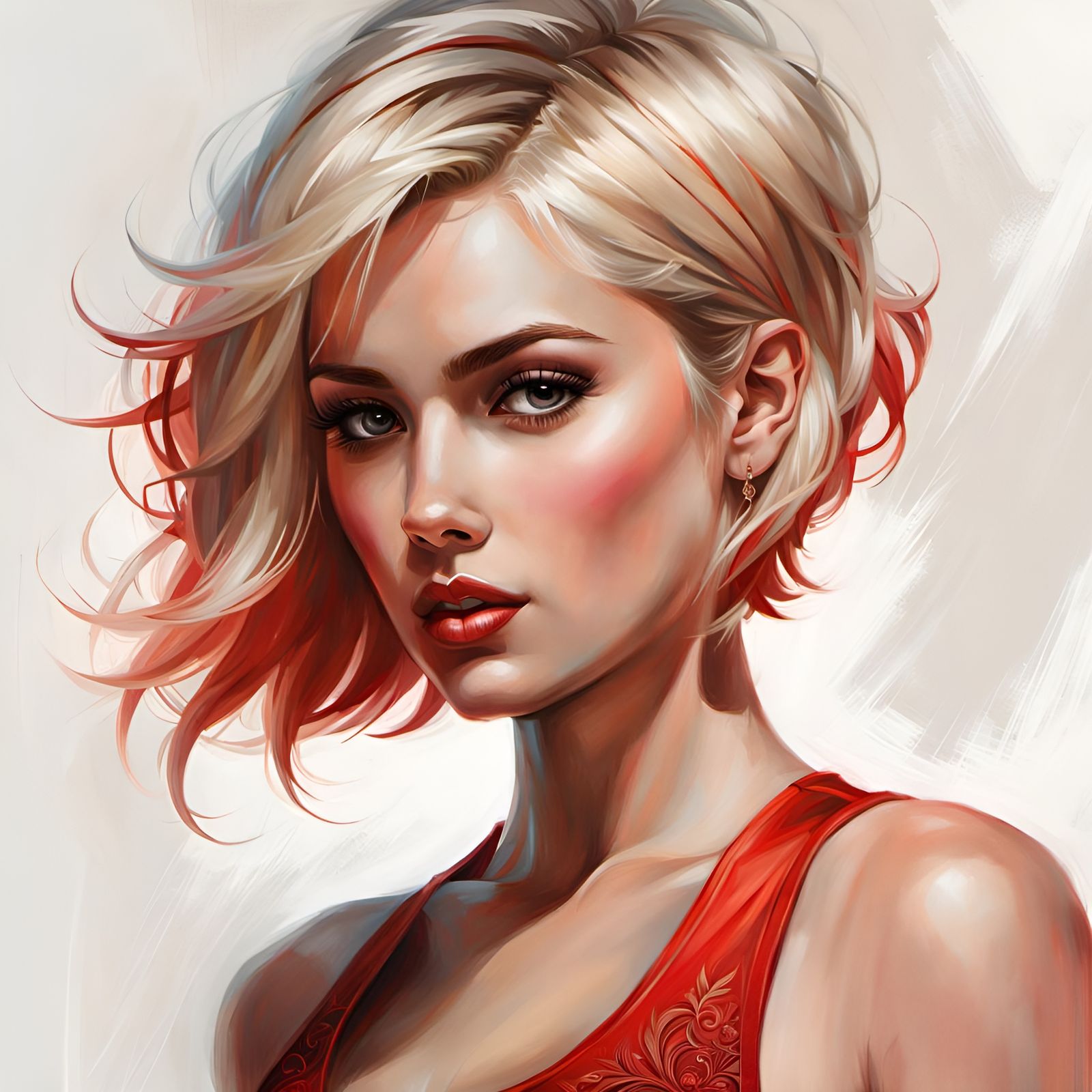 Blonde Woman in Red Top: Detailed Digital Painting